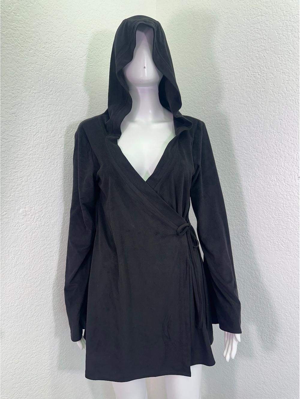 Women’s Sz M Union Of Angels Faux Suede Wrap Hooded Mini Dress Bell Sleeves